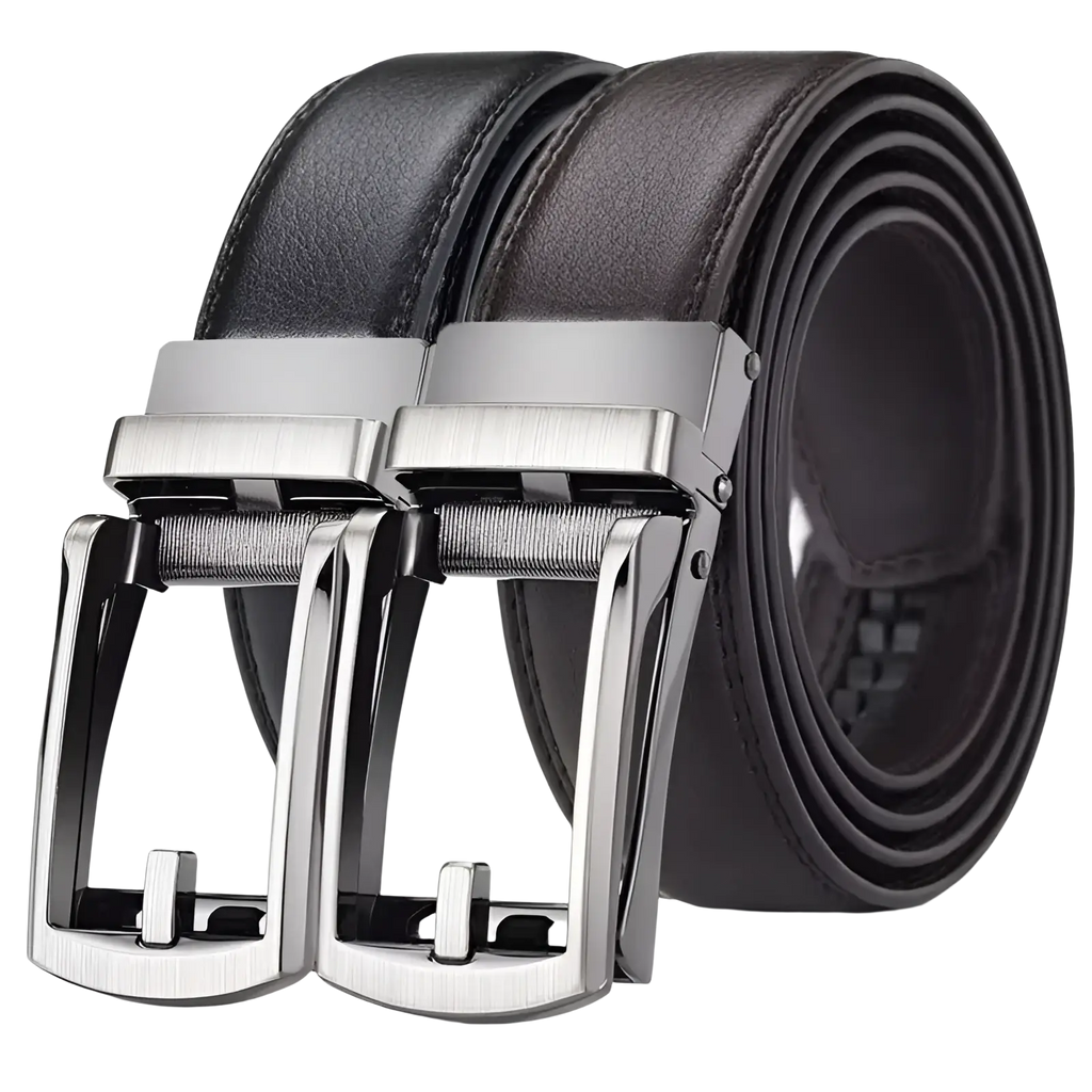 Mens automatic leather belt in black with silver-toned automatic buckle showcasing premium leather material