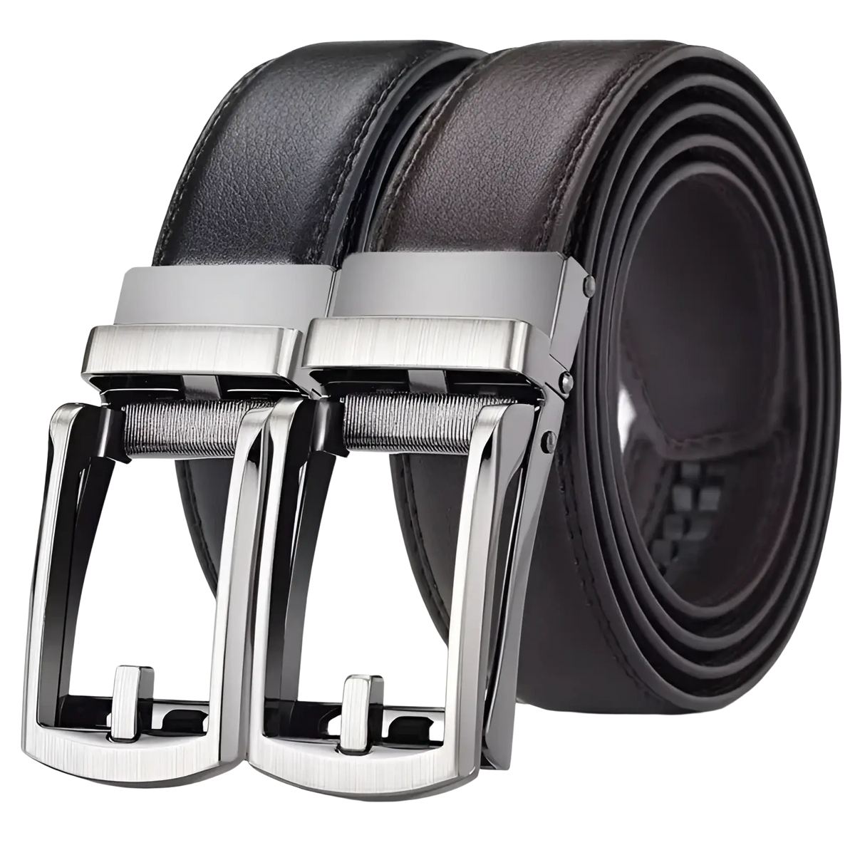 Mens automatic leather belt in black with silver-toned automatic buckle showcasing premium leather material