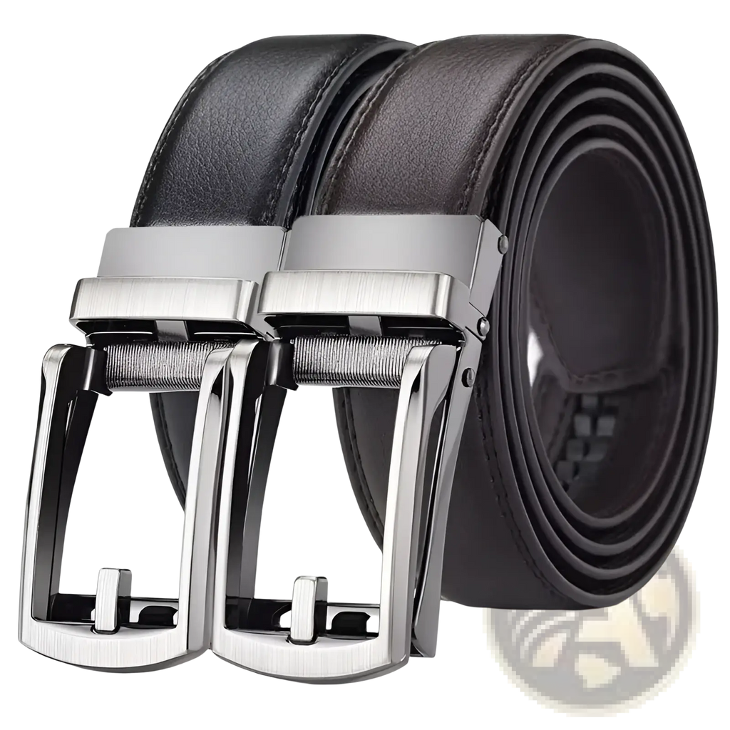 Mens automatic leather belt in black with silver-toned automatic buckle showcasing premium leather material