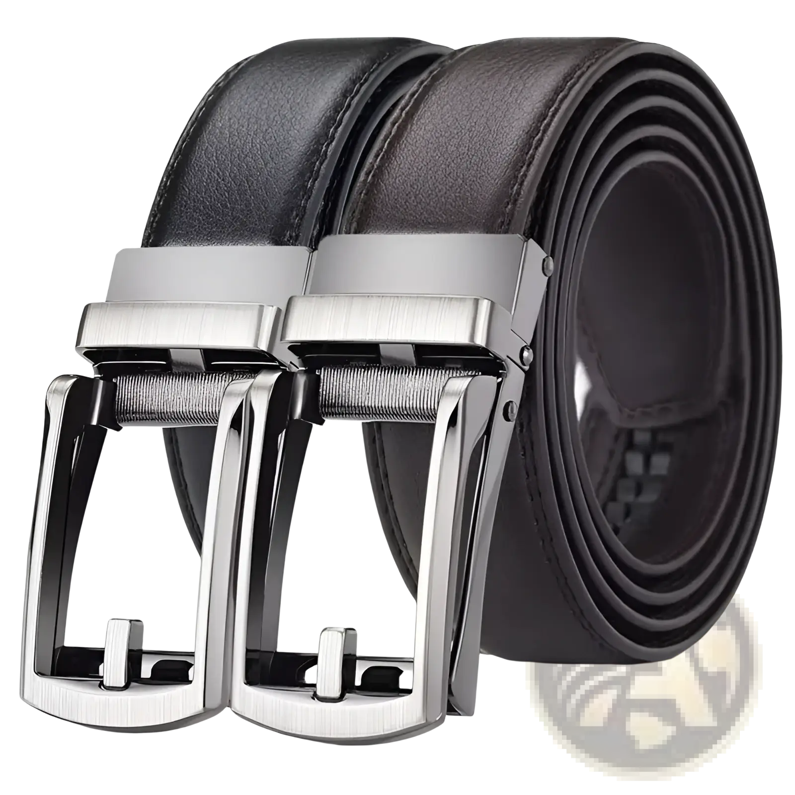 Mens automatic leather belt in black with silver-toned automatic buckle showcasing premium leather material