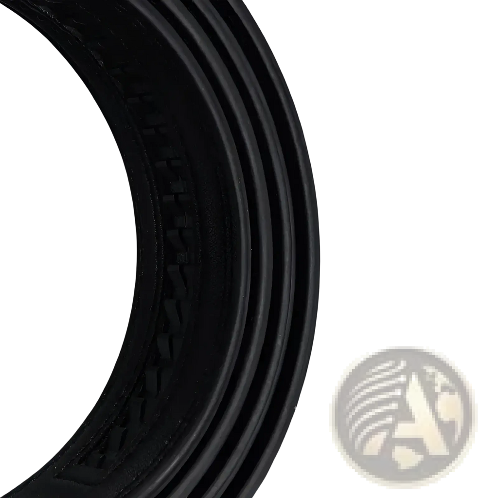 Black rubber gasket with concentric ridges and textured inner surface for mens automatic leather belt silver buckle
