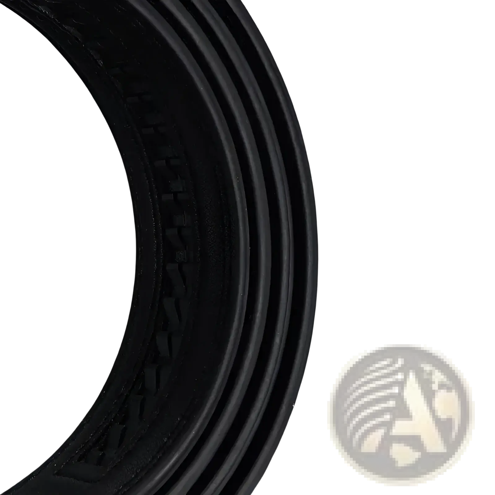 Black rubber gasket with concentric ridges and textured inner surface for mens automatic leather belt silver buckle