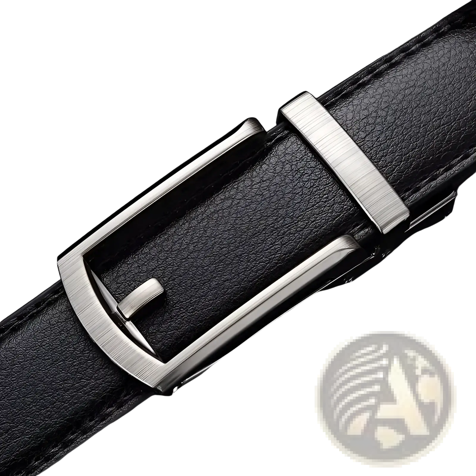Black leather mens automatic belt with a sleek brushed silver-toned buckle for formal and casual wear