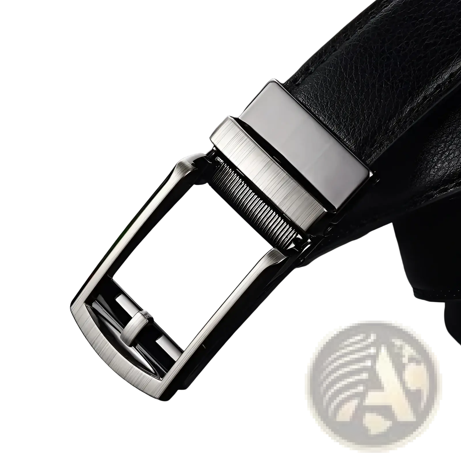 Mens automatic black leather belt featuring a sleek brushed silver-toned automatic buckle