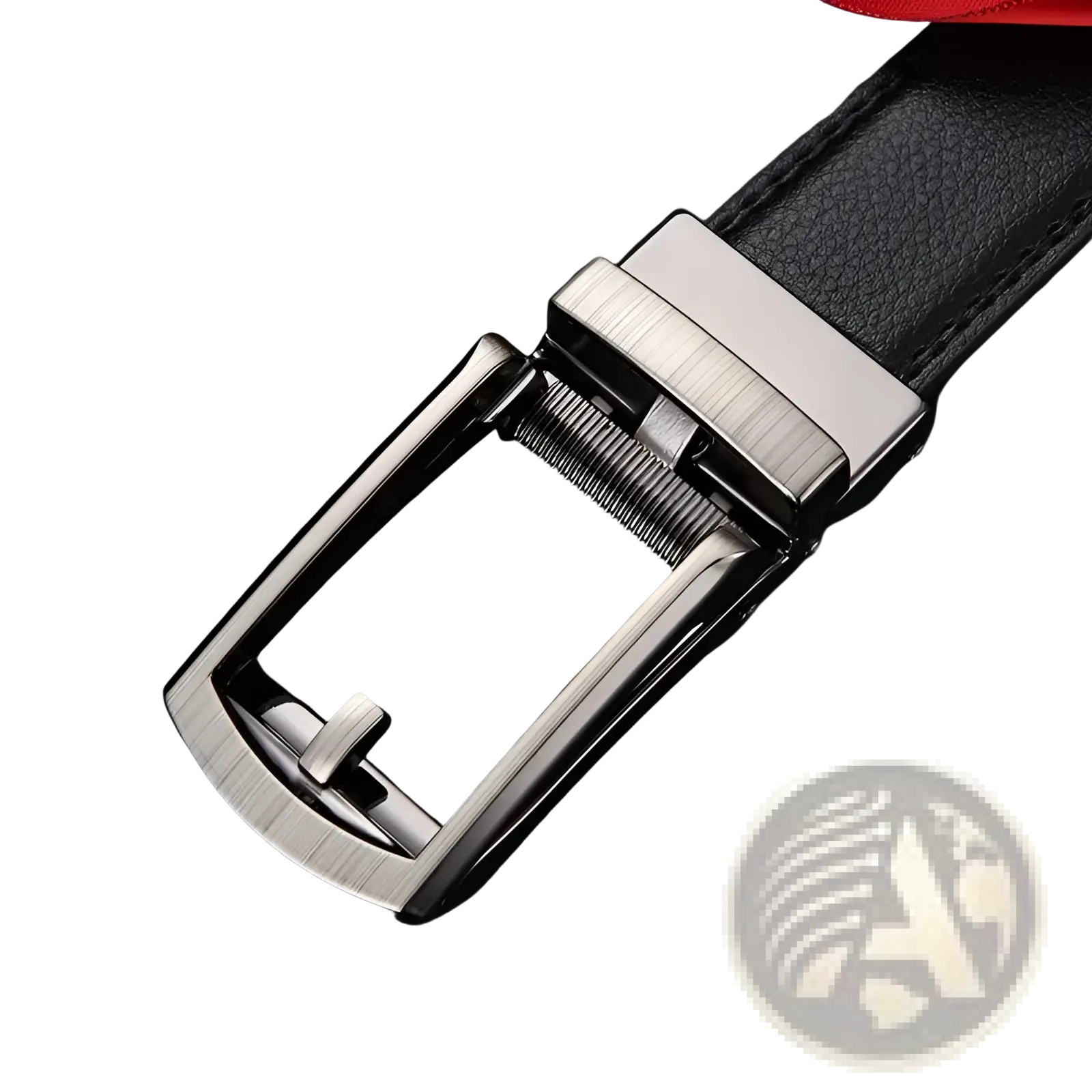 Mens automatic leather belt with black leather strap and sleek brushed silver metal automatic buckle