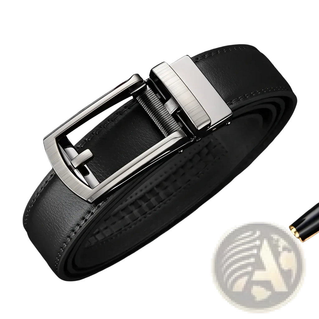 Mens automatic black leather belt with sleek brushed silver toned automatic buckle front view