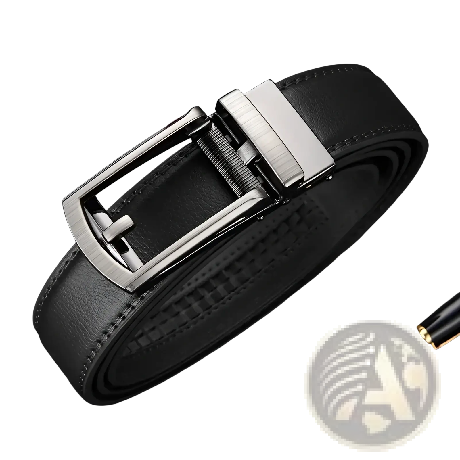 Mens automatic black leather belt with sleek brushed silver toned automatic buckle front view