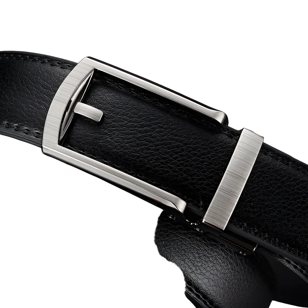 Mens automatic black leather belt with a sleek brushed silver-toned rectangular buckle