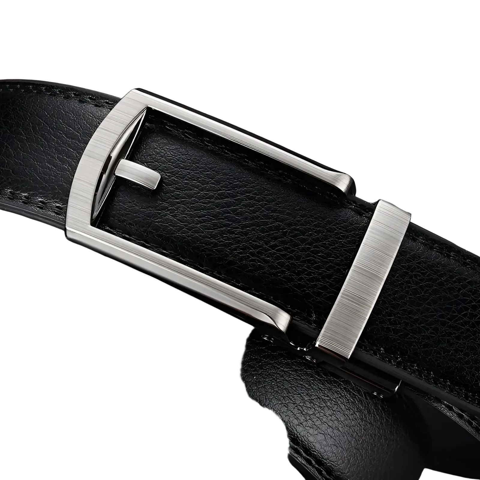 Mens automatic black leather belt with a sleek brushed silver-toned rectangular buckle