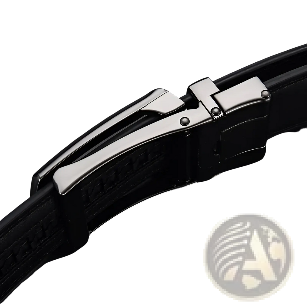 Mens automatic leather belt in black with a sleek silver-toned automatic buckle for formal wear
