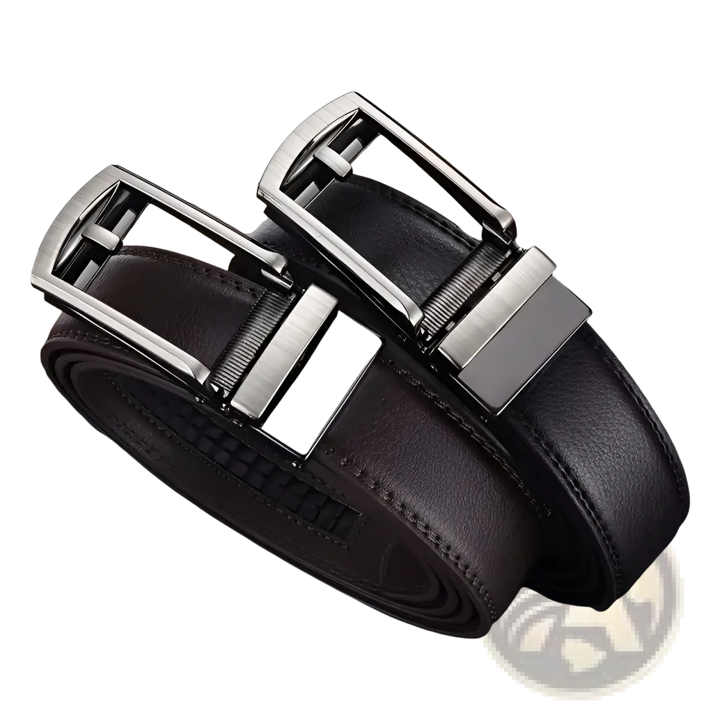 Mens automatic black leather belt with sleek silver toned automatic buckle for formal and casual wear