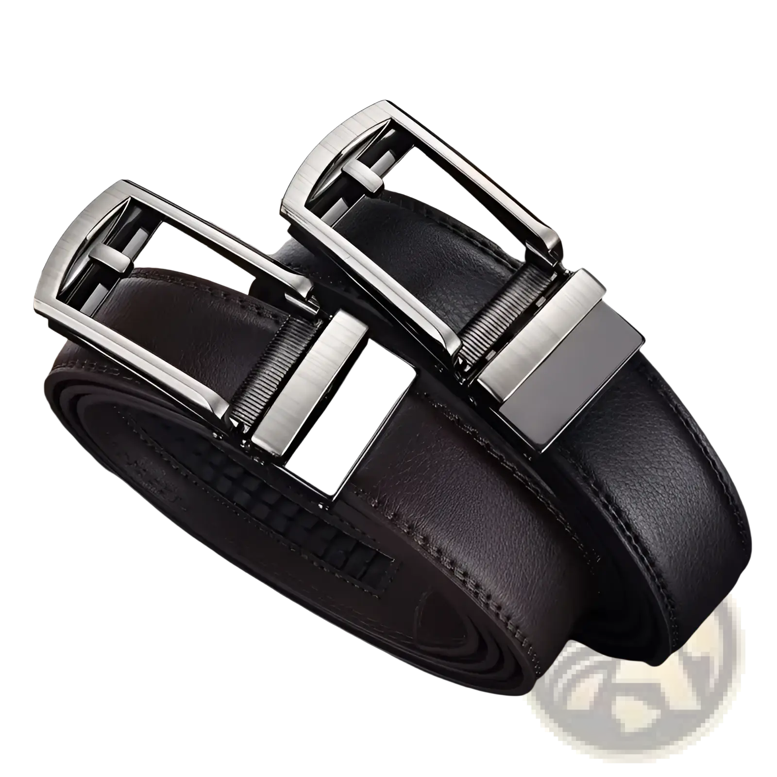 Mens automatic black leather belt with sleek silver toned automatic buckle for formal and casual wear
