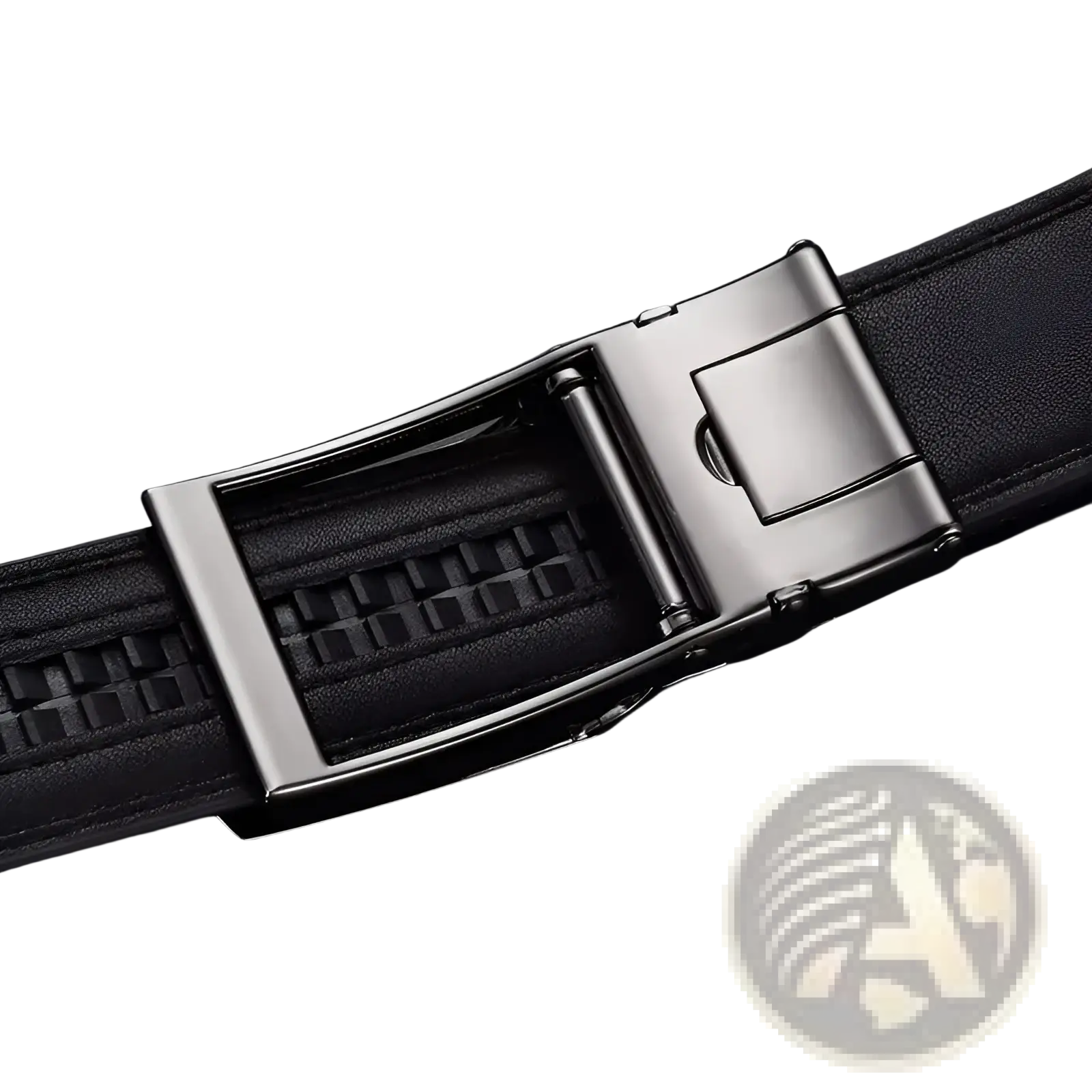 Mens automatic leather belt in black with a silver-toned automatic buckle and subtle textured pattern