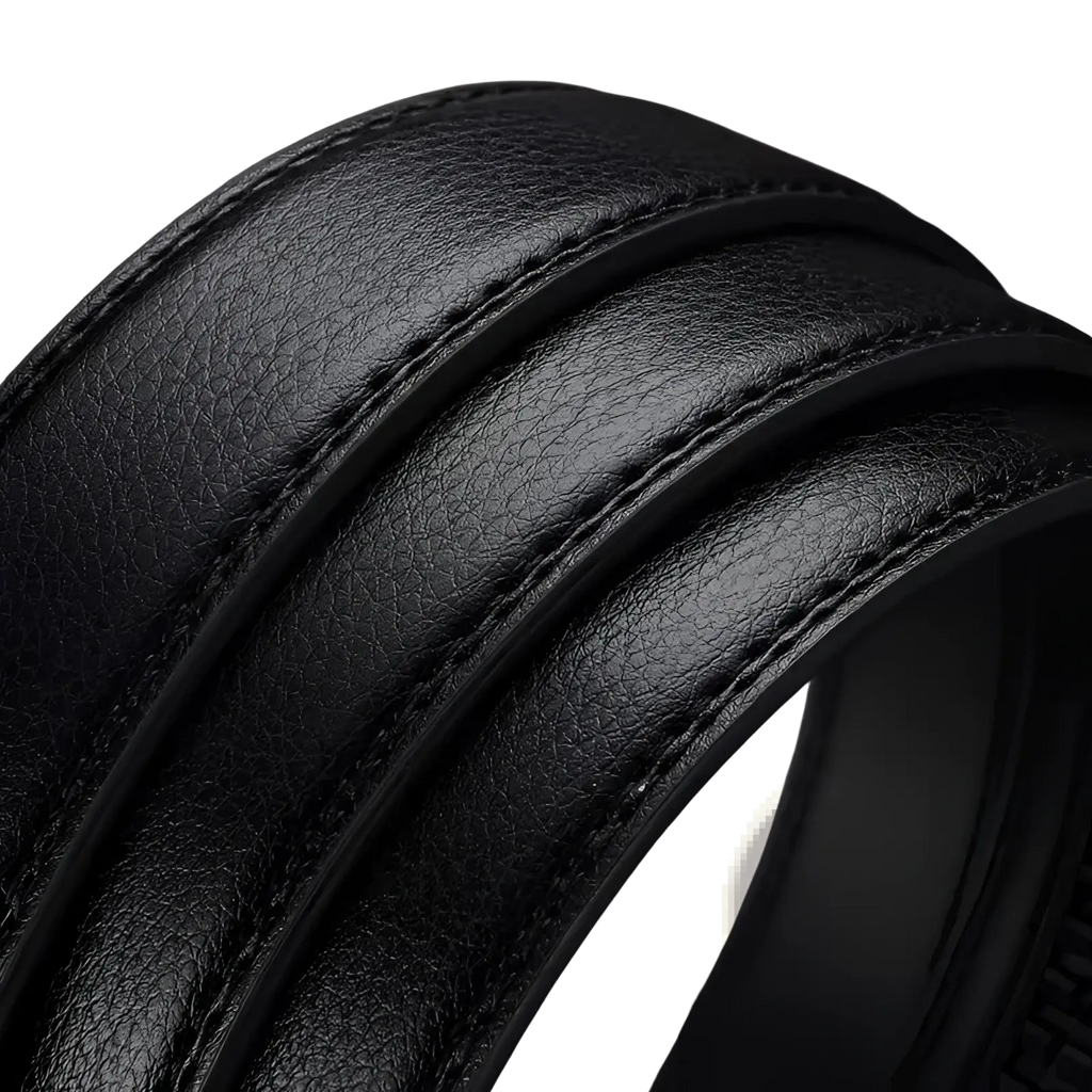 Mens automatic leather belt in black with smooth textured surface and precise edge stitching featuring a silver buckle