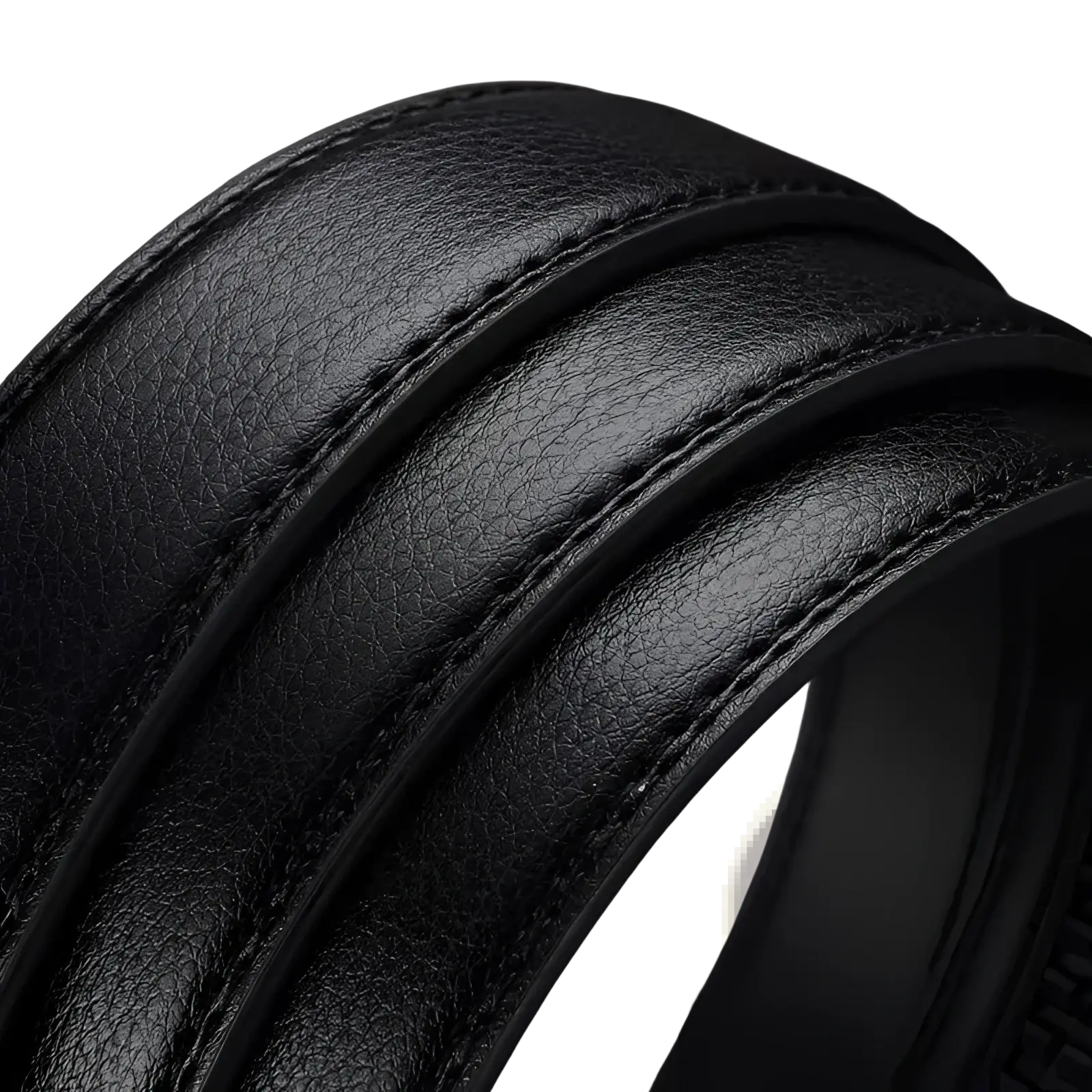 Mens automatic leather belt in black with smooth textured surface and precise edge stitching featuring a silver buckle