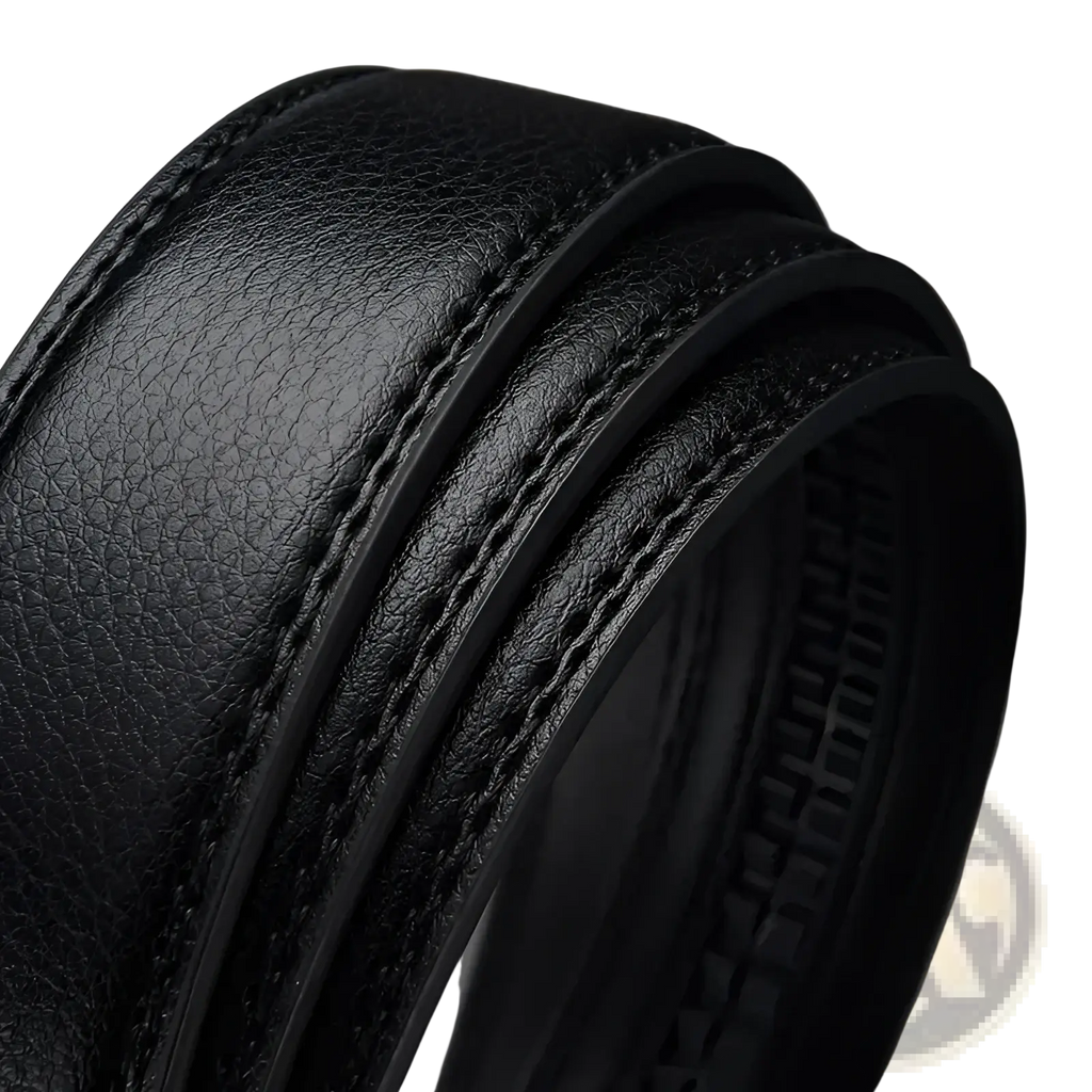 Mens automatic black leather belt with textured surface and silver buckle featuring precise edge stitching