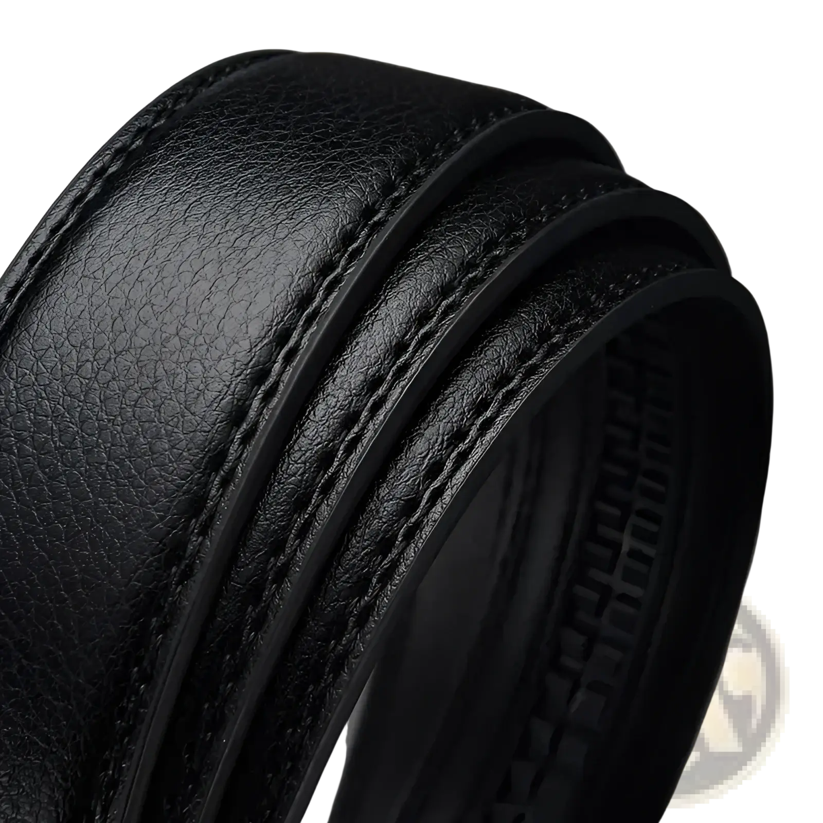Mens automatic black leather belt with textured surface and silver buckle featuring precise edge stitching