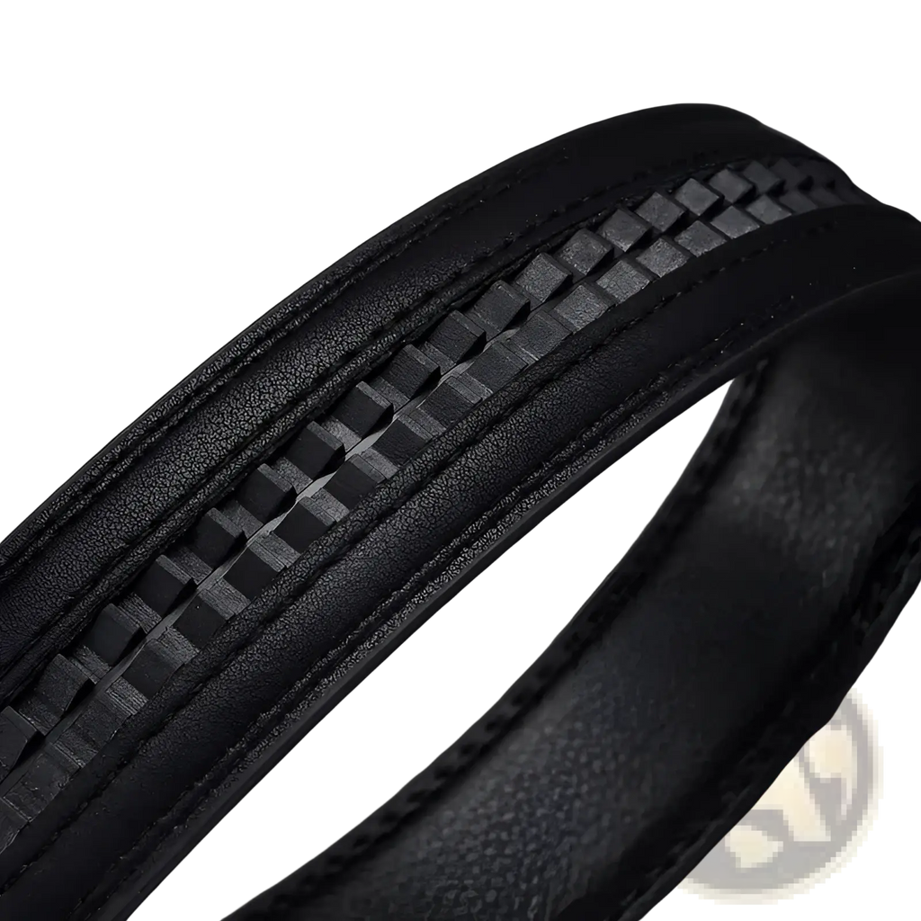 Black leather mens automatic belt with silver buckle featuring a textured woven pattern along the center
