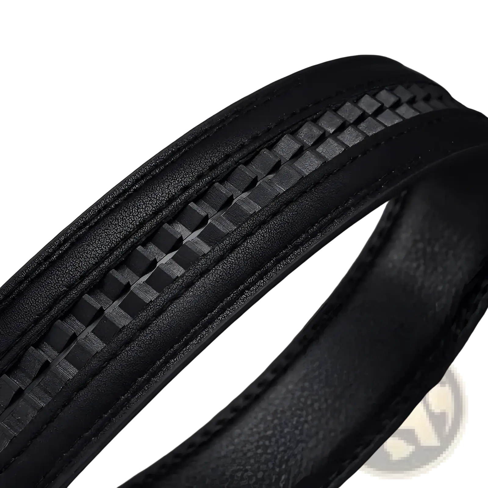Black leather mens automatic belt with silver buckle featuring a textured woven pattern along the center