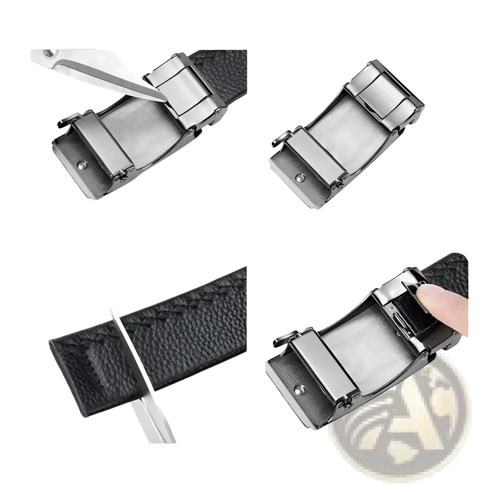 Black leather mens automatic belt with a silver-toned buckle suitable for formal and casual wear