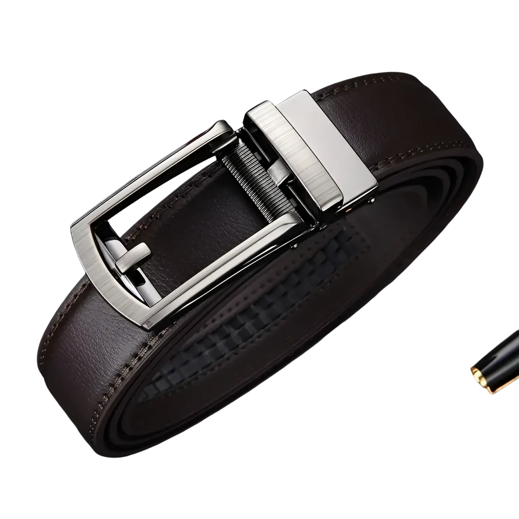 Brown leather mens automatic belt with a sleek brushed silver-toned buckle for stylish everyday wear