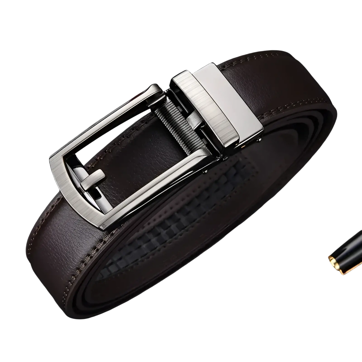 Brown leather mens automatic belt with a sleek brushed silver-toned buckle for stylish everyday wear