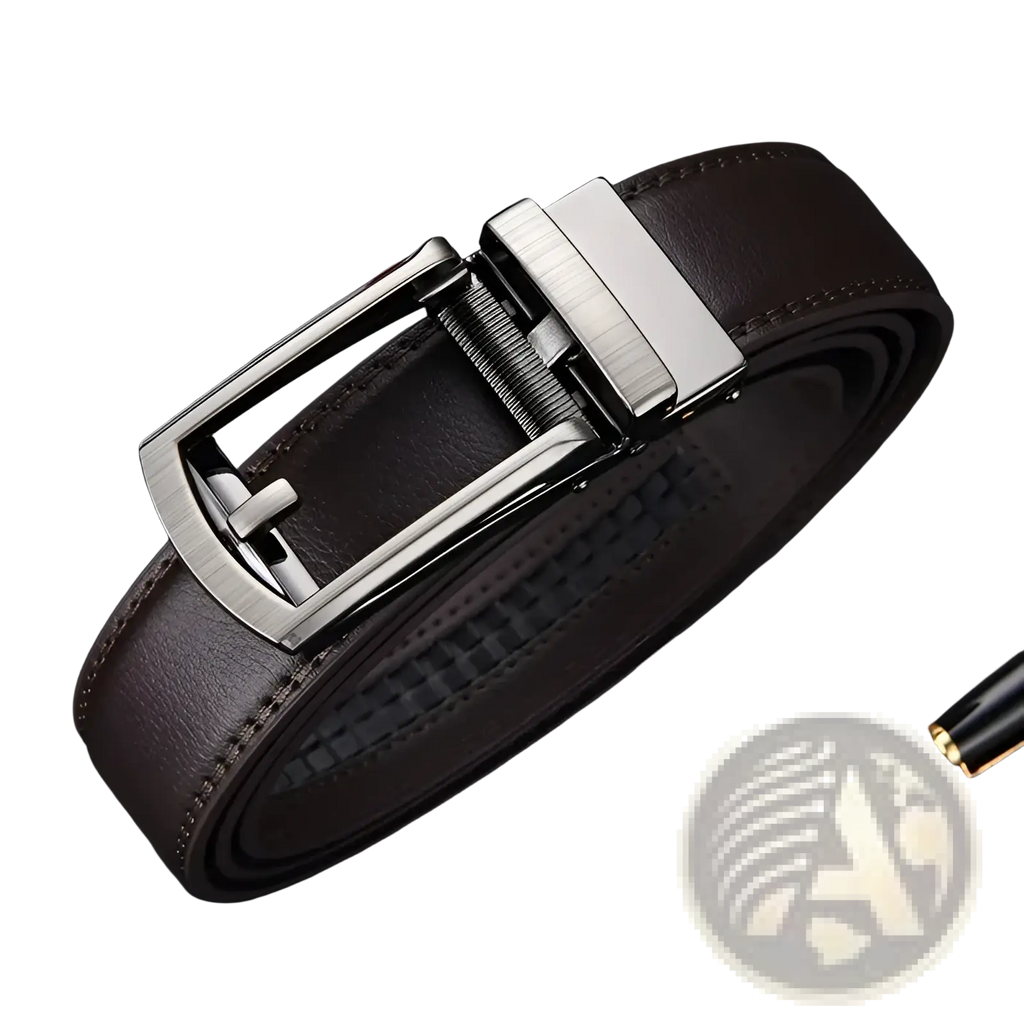 Brown leather mens automatic belt with a sleek brushed silver-toned buckle for stylish everyday wear