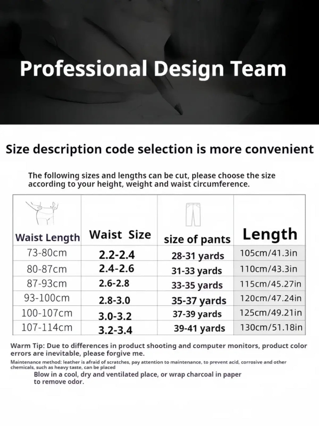 Mens automatic leather belt with silver buckle size chart showing waist length and yardage in cm and inches