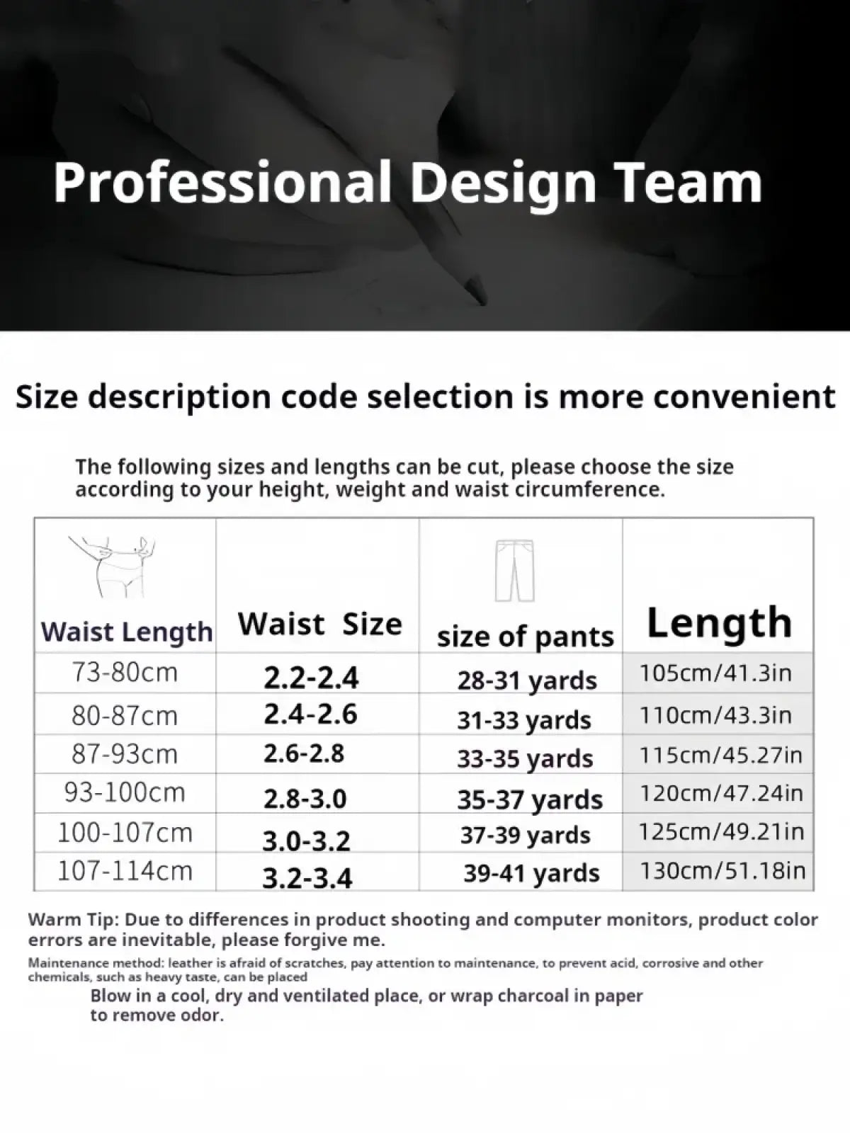 Mens automatic leather belt with silver buckle size chart showing waist length and yardage in cm and inches