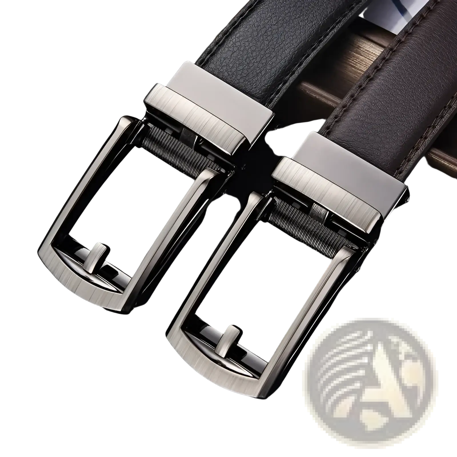 Two sleek silver-toned automatic belt buckles with black leather straps for mens automatic leather belts
