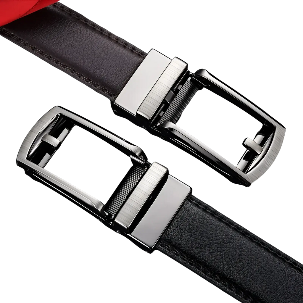 Mens automatic leather belt with sleek silver and black metallic buckles on dark brown leather straps