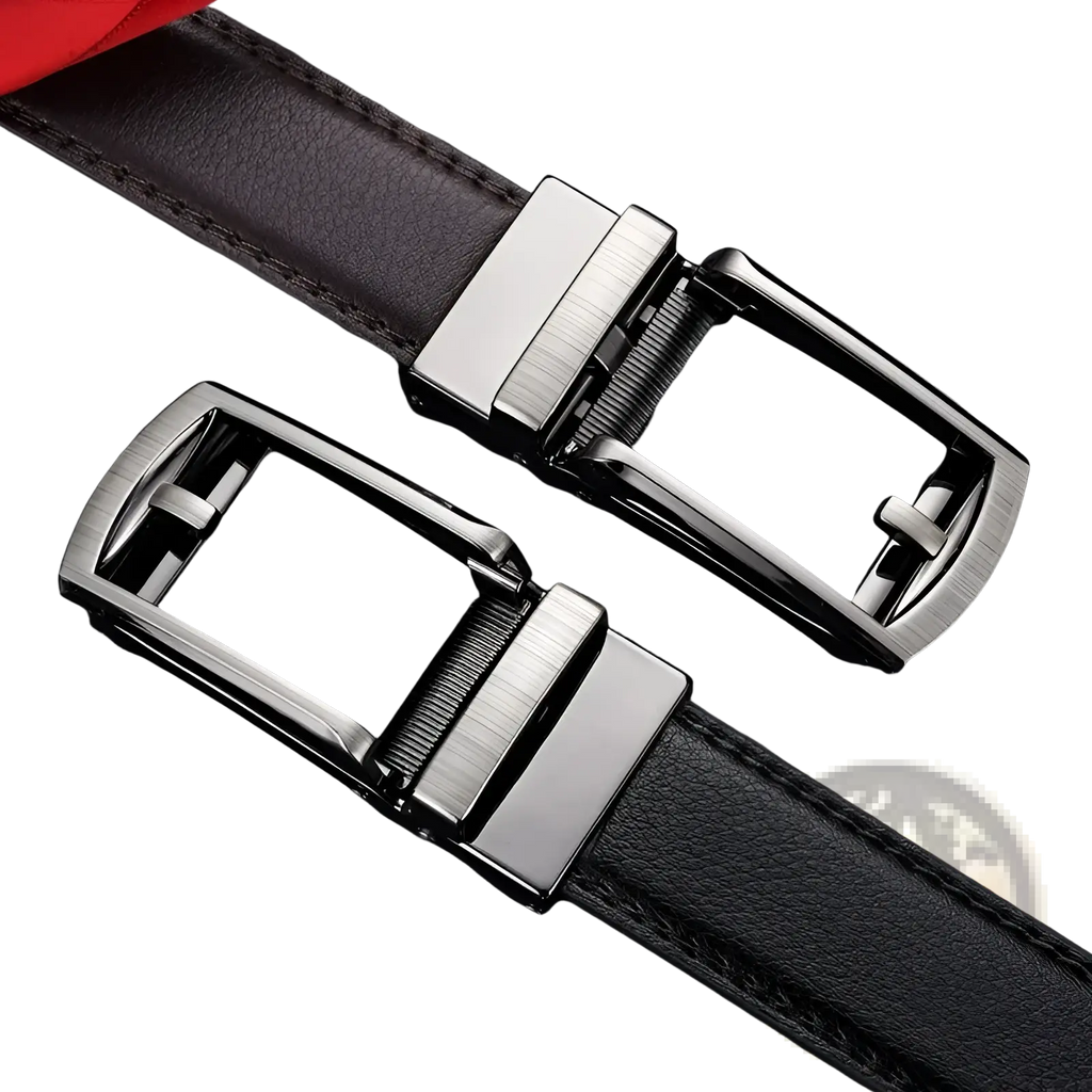 Mens automatic leather belt with sleek silver and black metallic buckles on dark brown leather straps