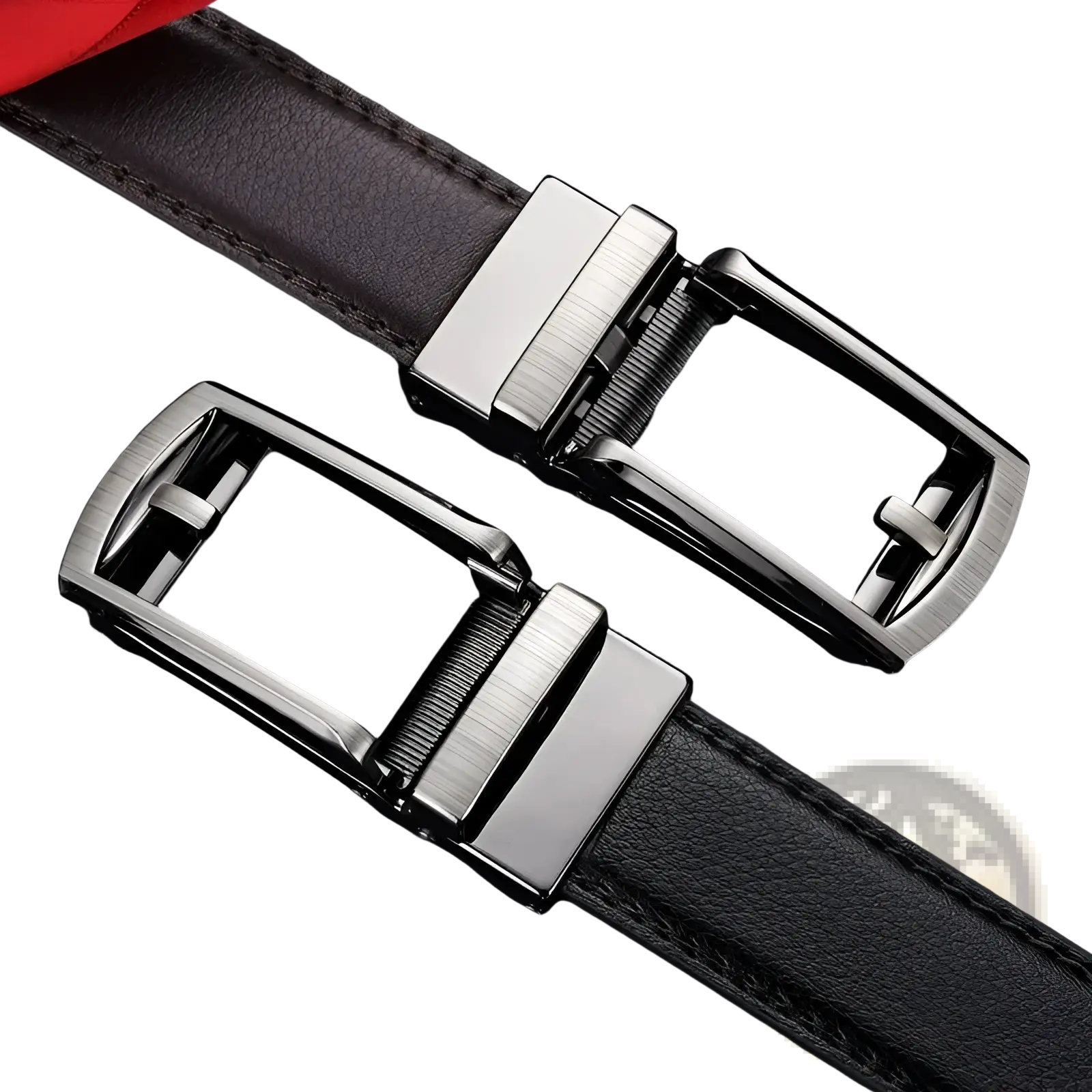 Mens automatic leather belt with sleek silver and black metallic buckles on dark brown leather straps