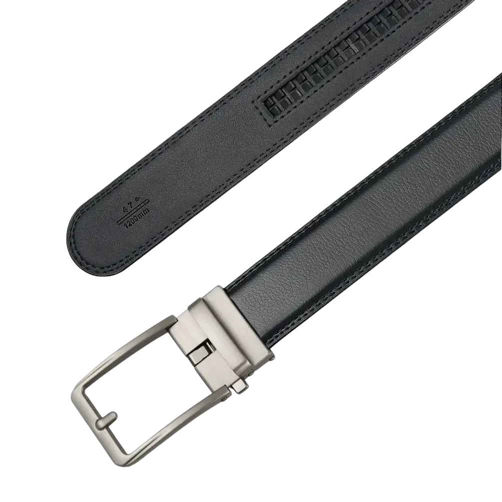 Men’s automatic leather dress belt in black with silver-toned automatic buckle and textured edge stitching