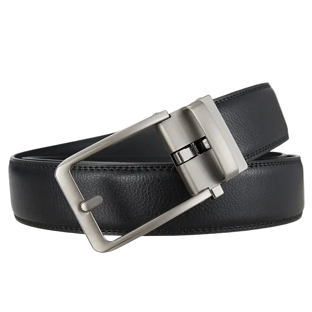 Black leather men’s automatic dress belt with sleek silver toned automatic buckle for formal wear