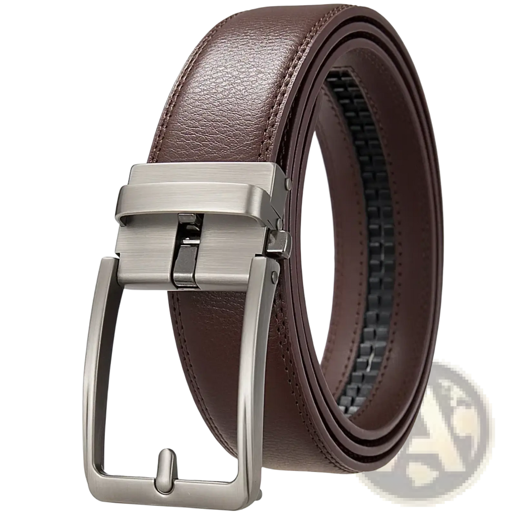 Men’s automatic leather dress belt in brown with brushed silver-tone automatic buckle for formal wear