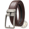Men’s automatic leather dress belt in brown with brushed silver-tone automatic buckle for formal wear