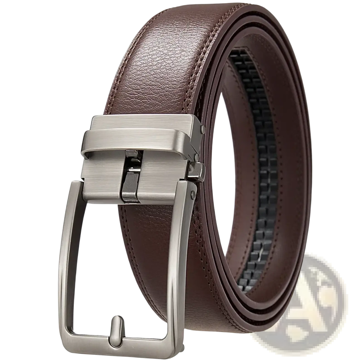 Men’s automatic leather dress belt in brown with brushed silver-tone automatic buckle for formal wear