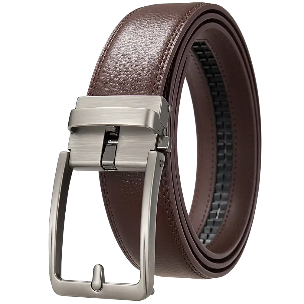 Men’s automatic leather dress belt in brown with brushed silver-tone automatic buckle for formal wear