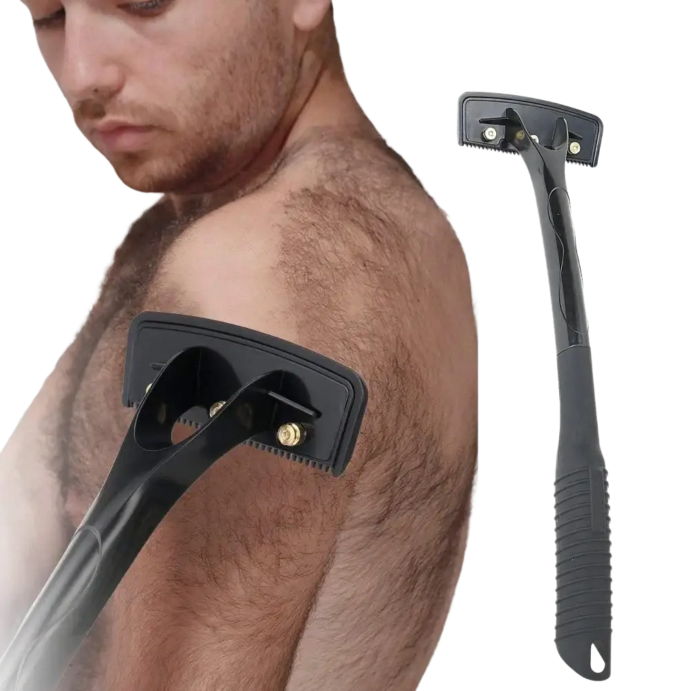 Black ergonomic men’s back shaver with long handle and gold pivot screws for efficient grooming of body hair
