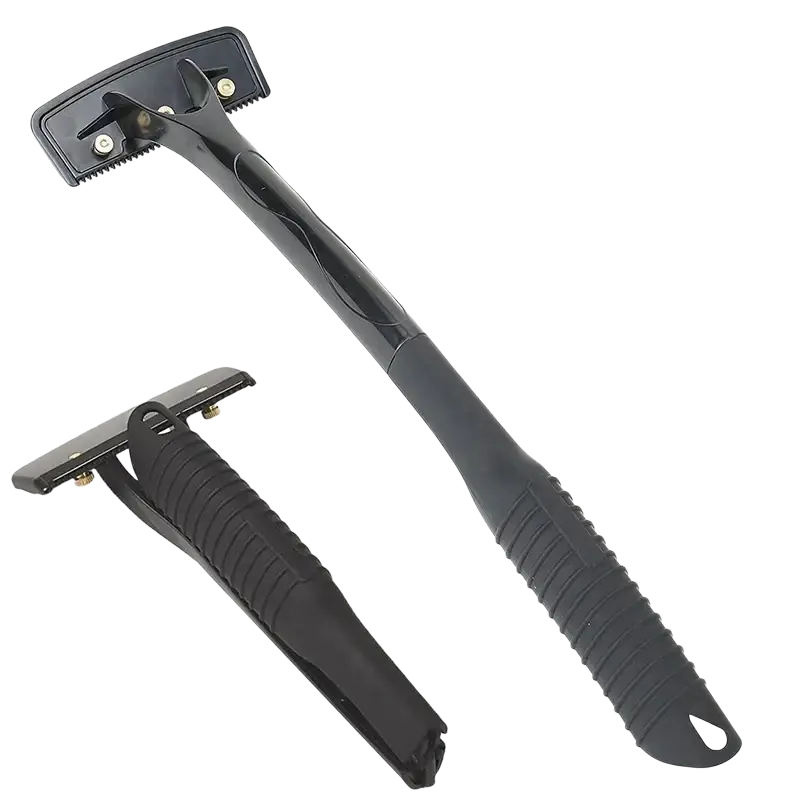 Black ergonomic safety razor with textured grip and metallic blade assembly for efficient grooming of body hair with long handle