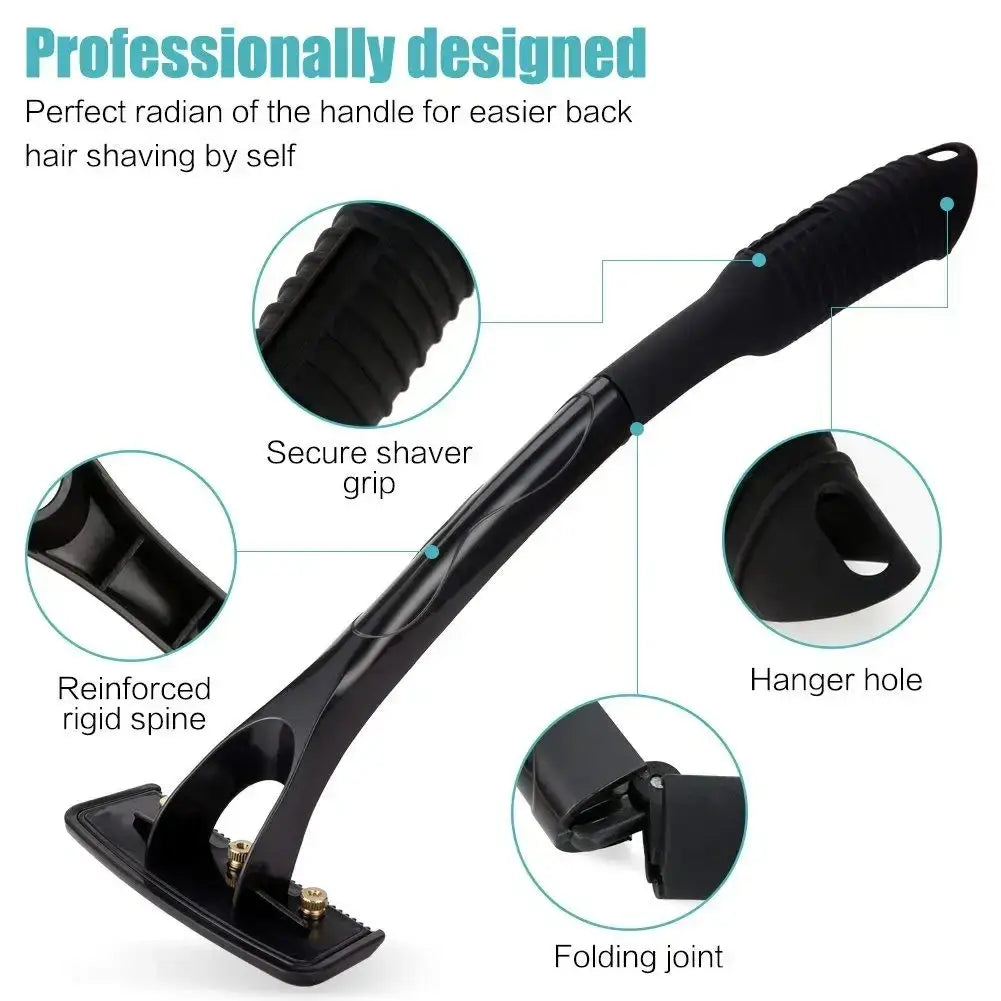 Black plastic men’s back shaver with ergonomic folding joint and long handle for efficient body hair grooming