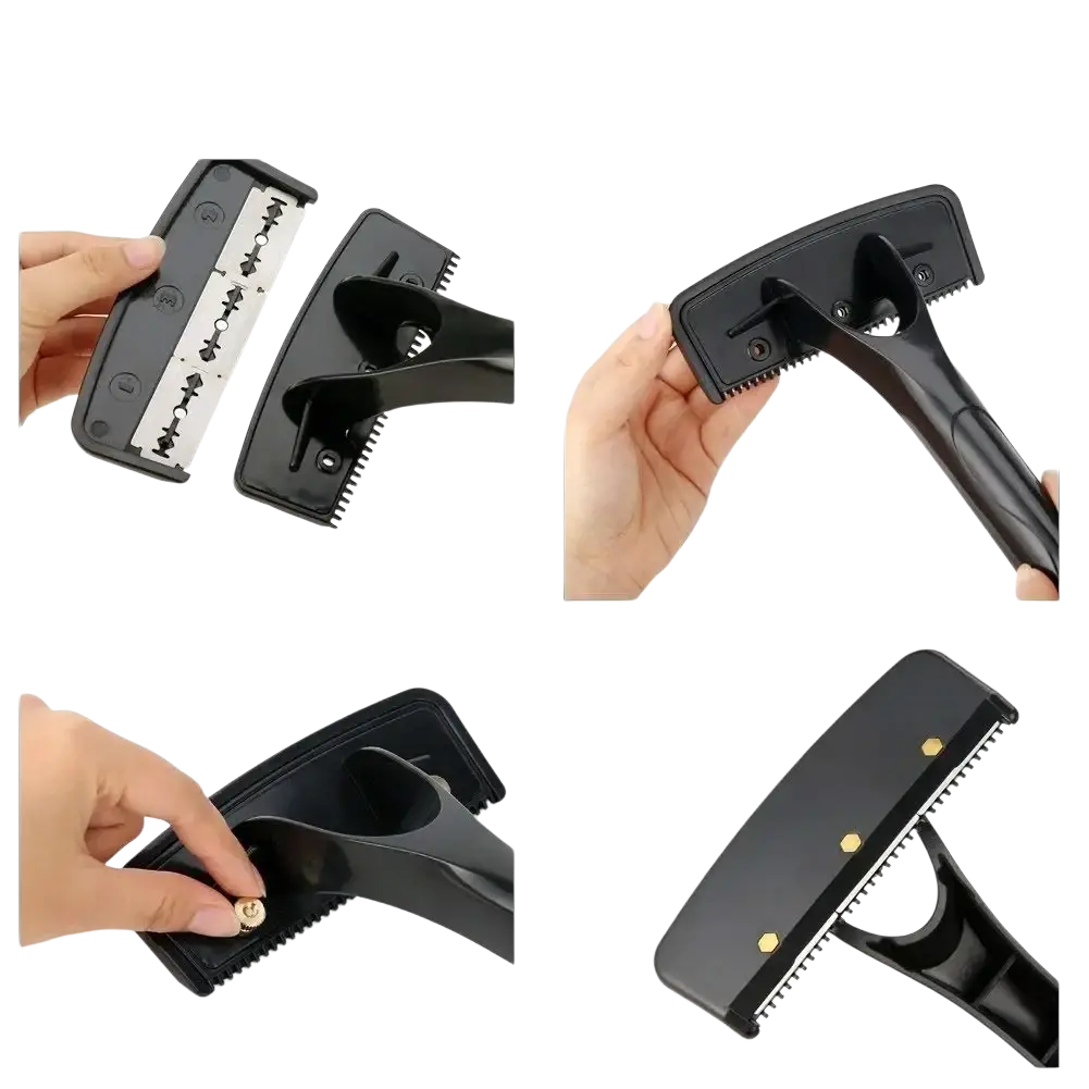 Men’s back shaver with black plastic body, replaceable metal blade, gold screws, and long handle for efficient grooming of body hair