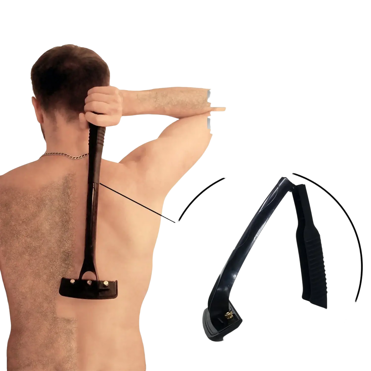 Men’s black plastic back shaver with long handle and replaceable metal blades for body hair with foldable design