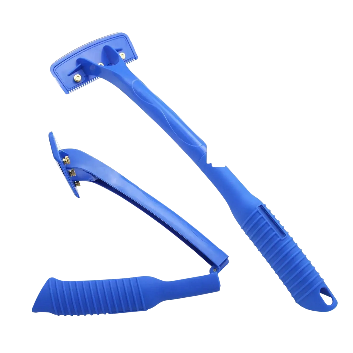 Blue plastic men’s back shaver with textured grip long handle and ten silver replacement blades for efficient grooming of body hair