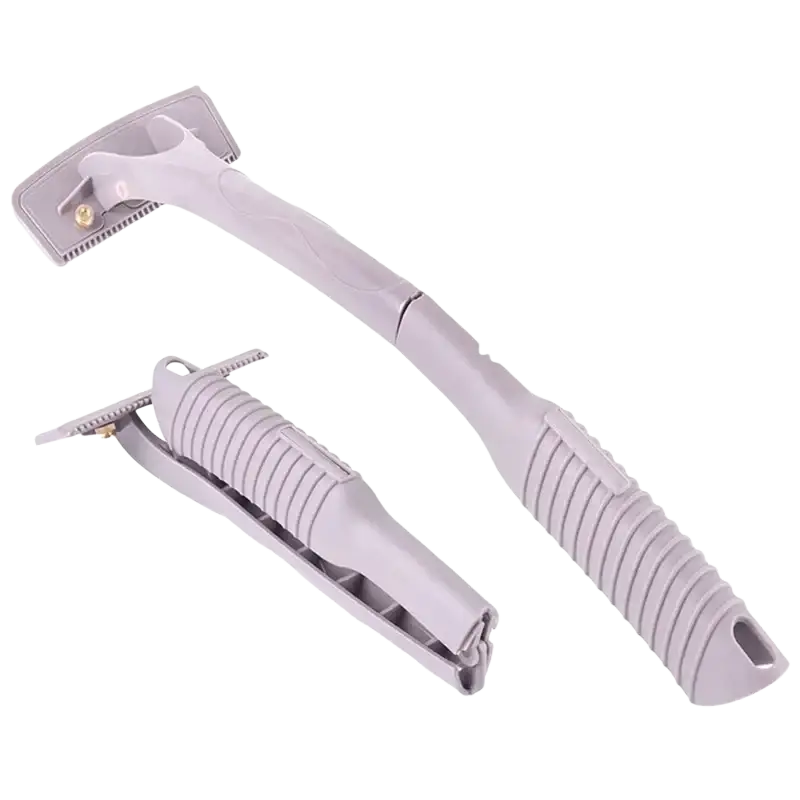 Men’s back shaver with long handle light gray plastic body hair razor and 12 stainless steel replacement blades for efficient grooming