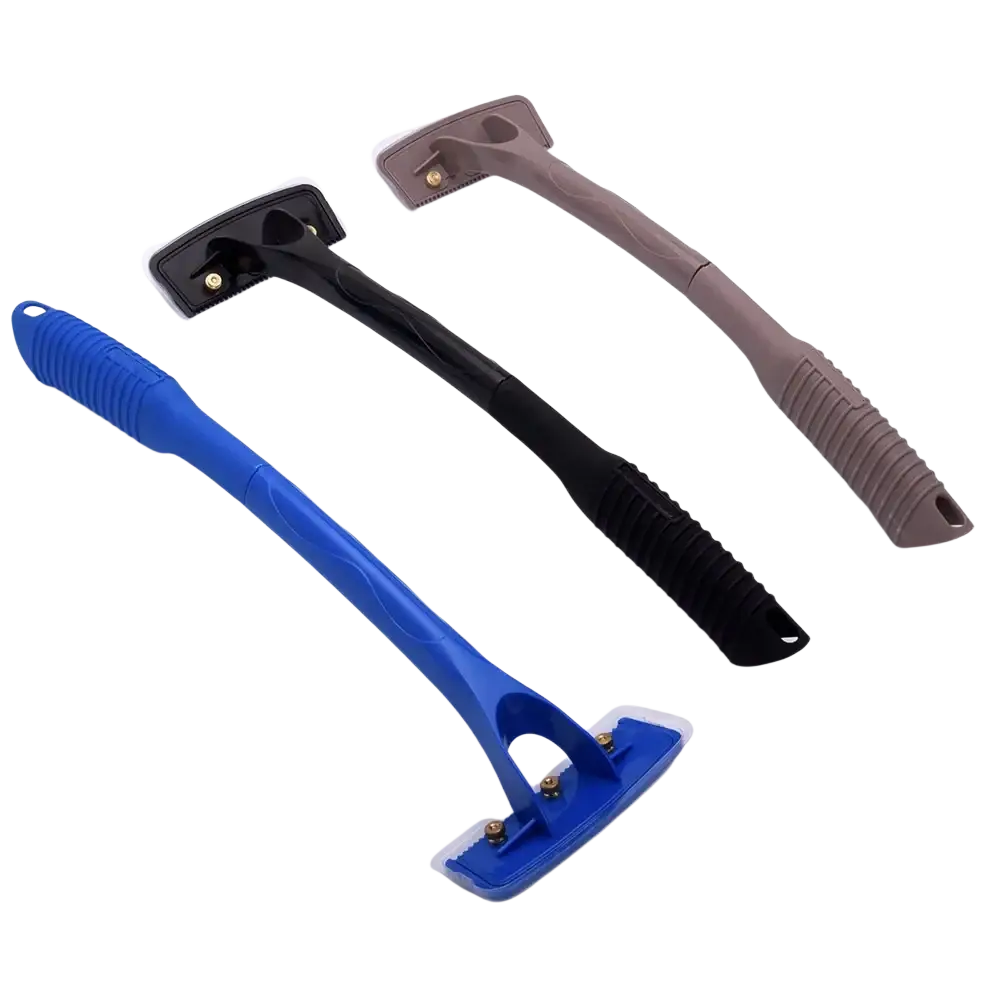 Three men’s back shavers with long handle and foldable design in blue black and gray for body hair removal