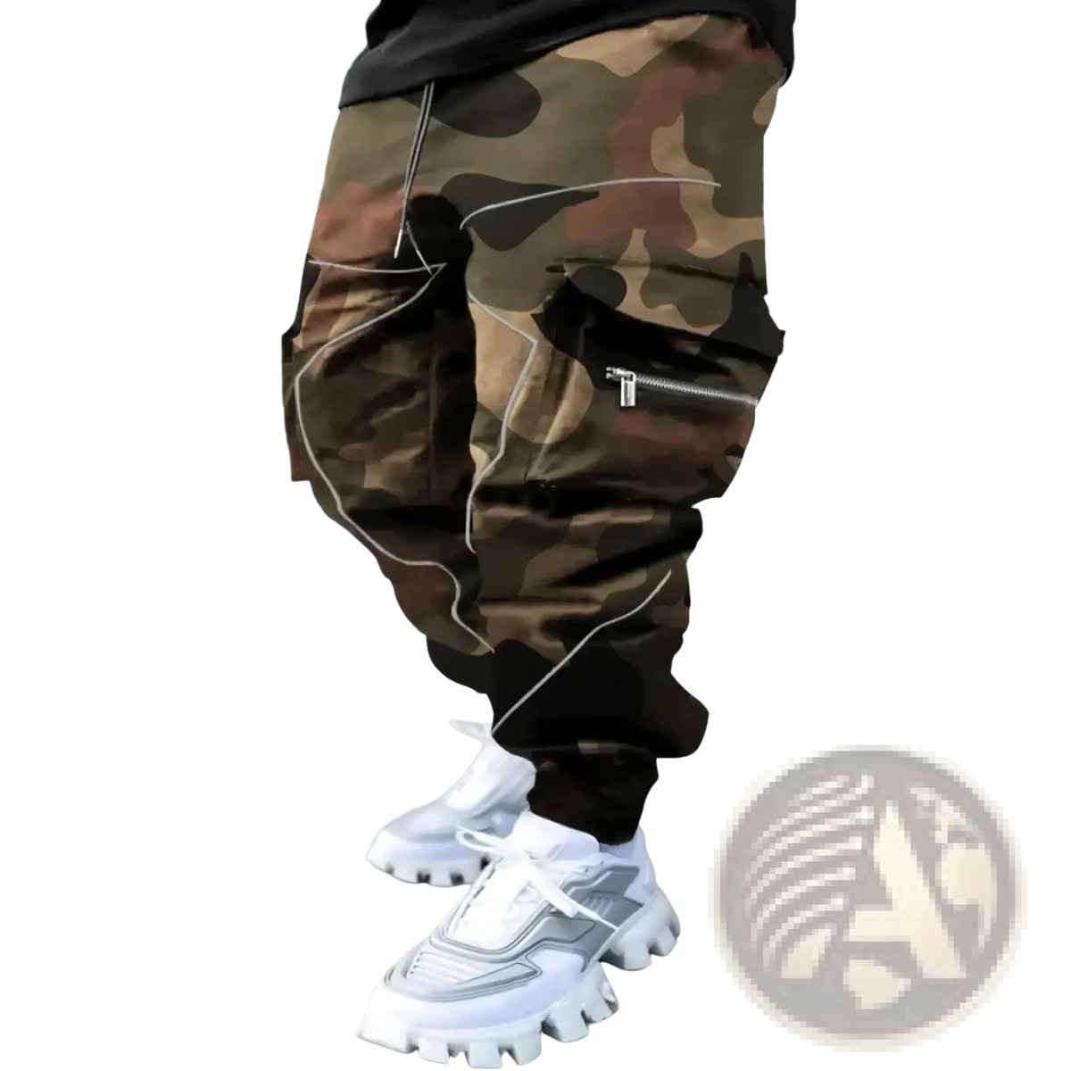Men’s bandana print loose cargo pants in bold green brown and black camouflage with white stitching and zipper details