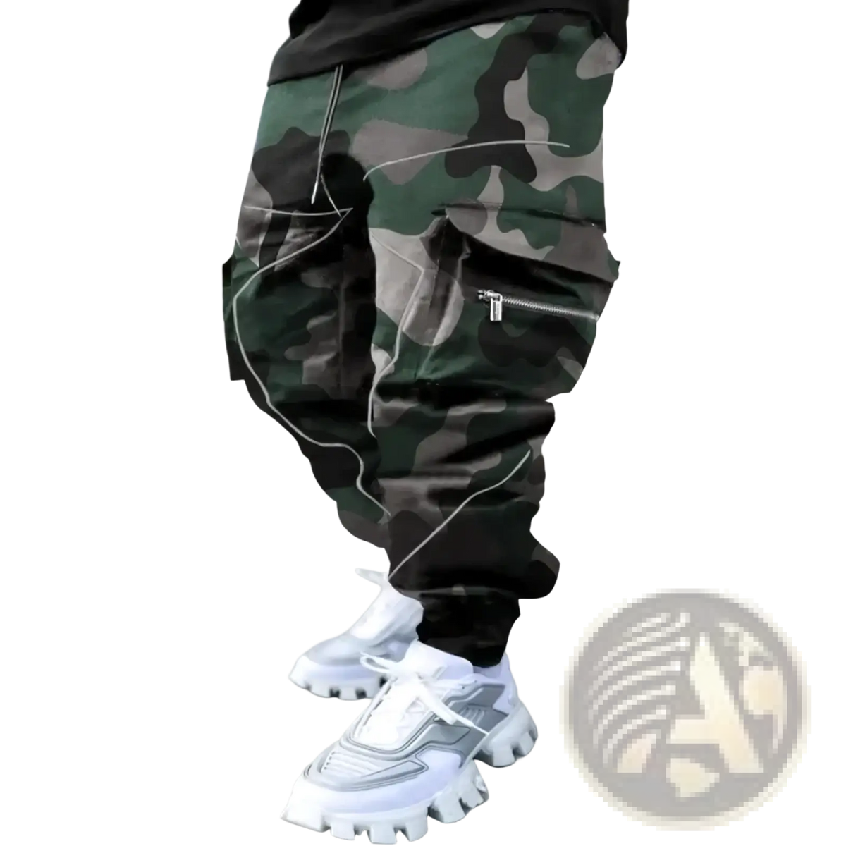 Men’s bandana print loose cargo pants featuring green and gray camouflage fabric with white stitching accents