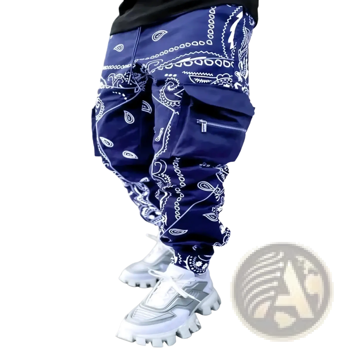 Men’s bandana print loose cargo pants in navy blue with white paisley and geometric designs featuring multiple pockets including a zippered one